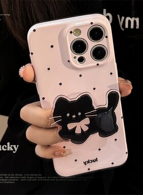 韩国ins波点猫咪支架适用iphone16手机壳苹果15pro max菲林13软17手机保护套14防摔12可爱1116promax卡通蝴蝶