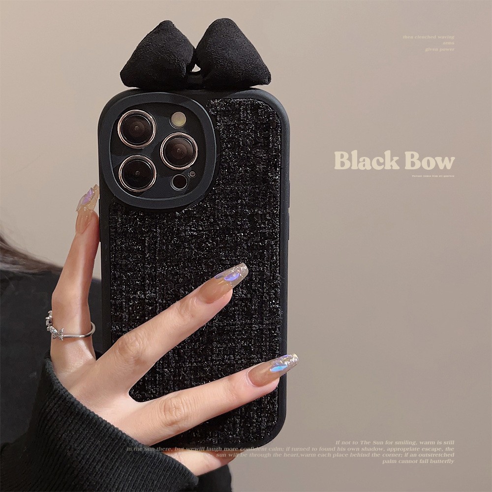 黑色小香蝴蝶结iPhone16苹果13手机壳15promax轻奢11适用11绒布12
