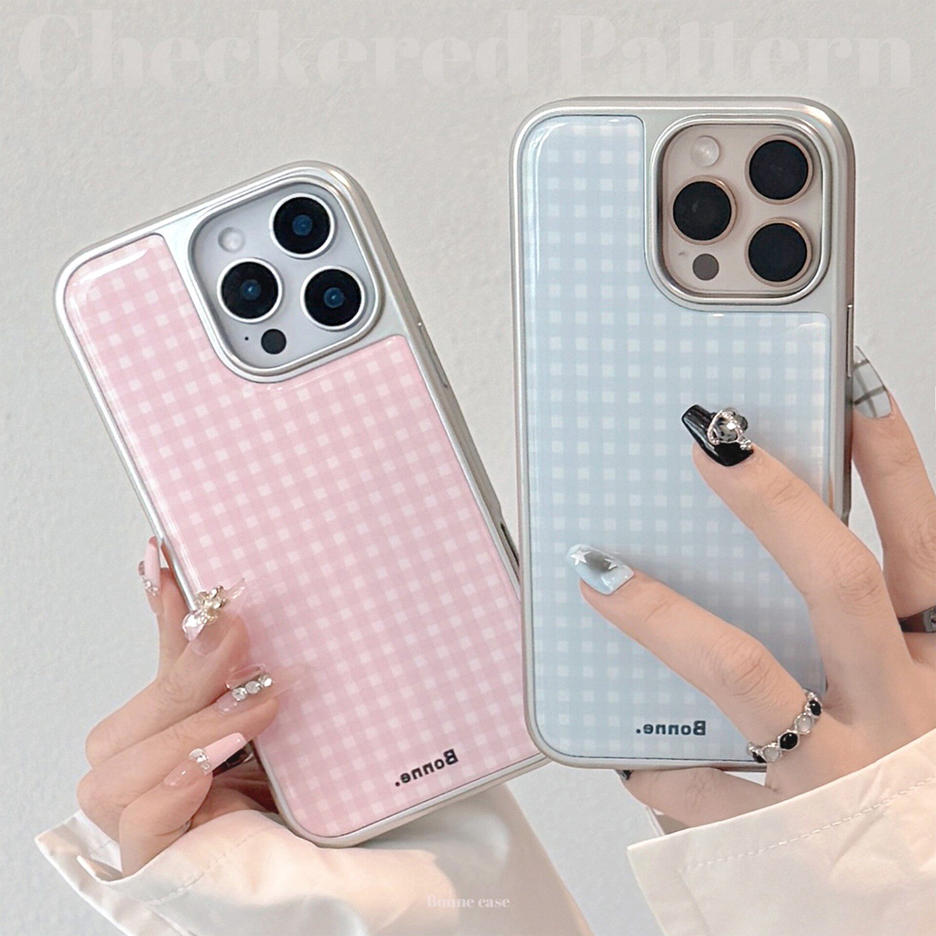 滴胶粉蓝格子适用苹果16promax手机壳iphone14电镀13韩系华为Mate