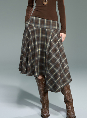 Tu why“旧筏格痕”冬季加厚格纹不规则半身裙