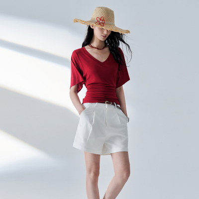 Tu why“智性松弛” 慵懒宽松v领蝙蝠袖T恤