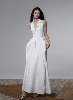 Tu why 原创设计西装领花瓶插袋连衣裙女2023夏新款白色无袖长裙