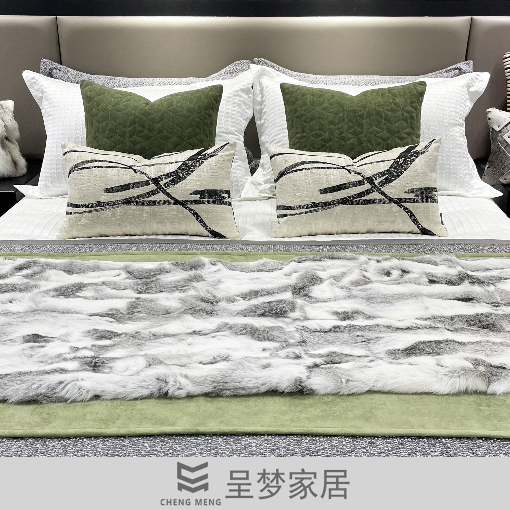 现代简约别墅样板房床品绿色系
