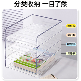 透明文件框学生桌面收纳盒文件收纳筐学生书桌面文具整理置物架学习长方形a4书本多层加厚ins风办公位整理盒