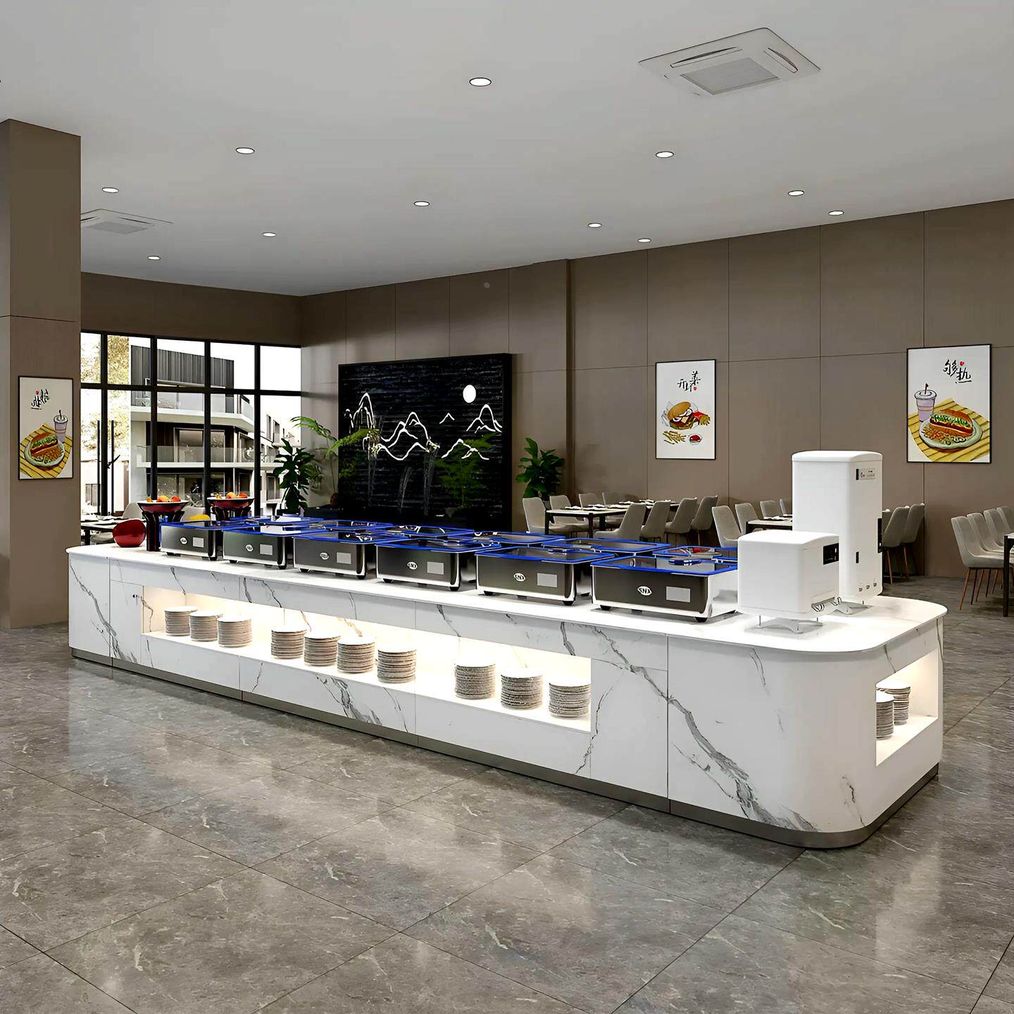 源头工厂单位食堂自助餐台火锅酒店岩板取餐台布菲台凉菜甜点摆台