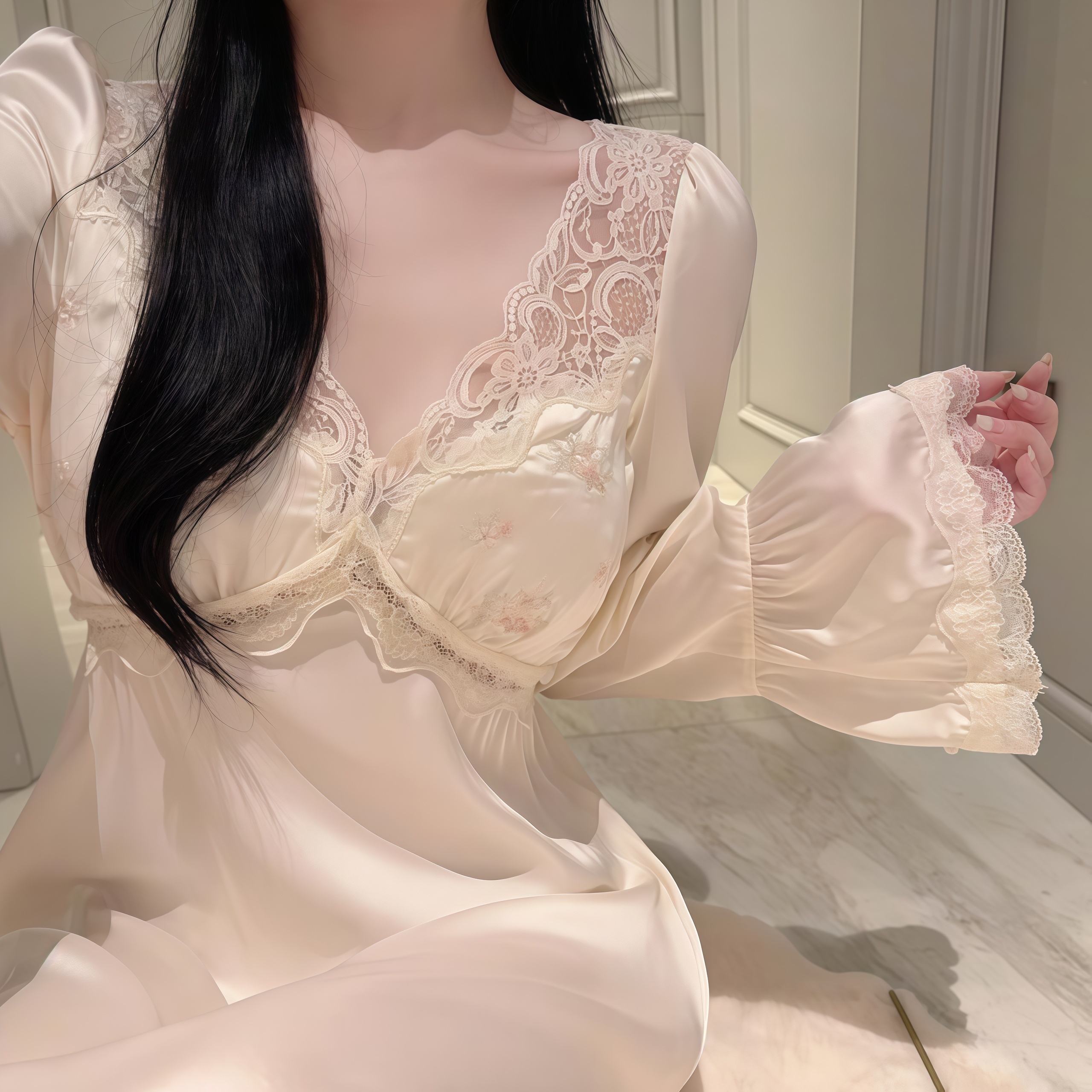 法式真丝睡裙睡衣蕾丝宫廷风公主风轻奢长袖修身长裙送闺蜜礼盒装