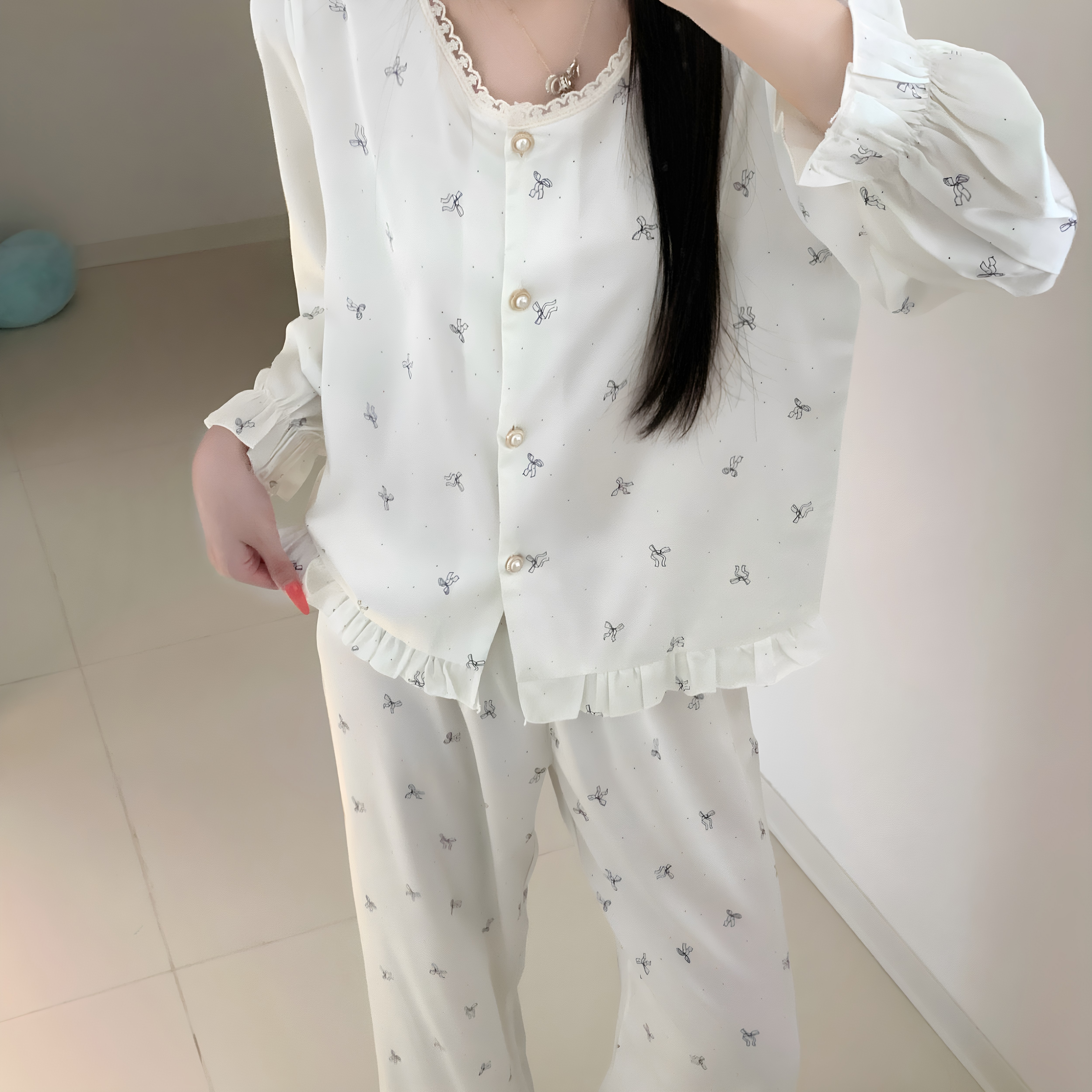 真丝小花印花长袖睡衣套装送闺蜜