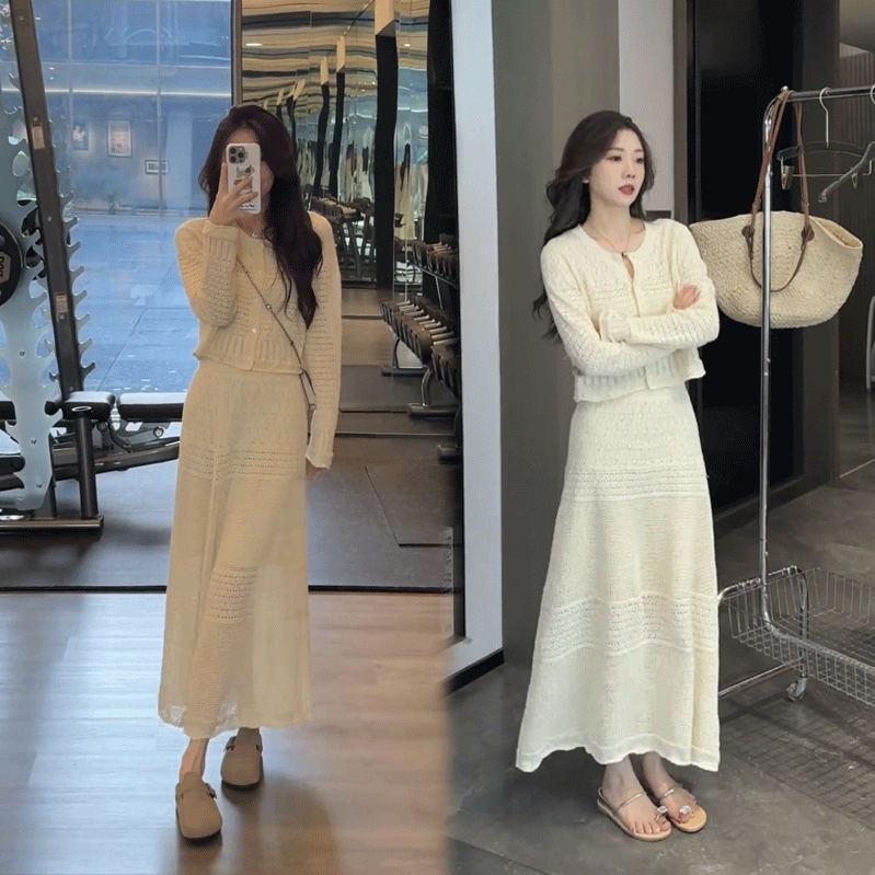2025春季新款小香风镂空钩花针织开 衫上衣搭高腰显瘦半身裙两件