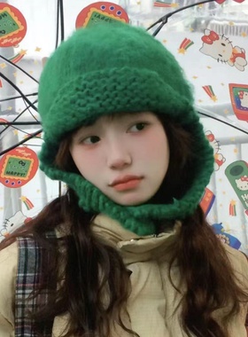 显白绿色编织毛线帽子女秋冬显脸小保暖护耳雷锋帽创意韩版包头帽