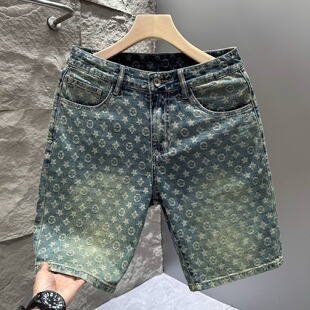新款 宽松直筒裤 高街重磅水洗潮牌提花牛仔短裤 五分裤 子男 男士 夏季