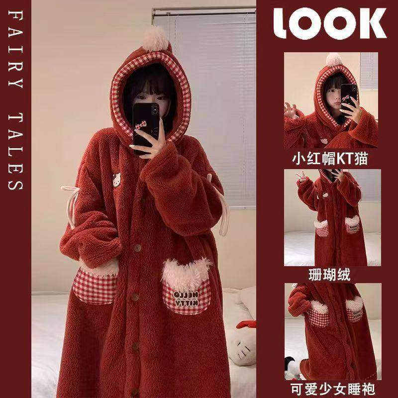 珊瑚绒睡袍漂亮独特女款冬季加厚可爱猫咪连帽浴袍法兰绒家居服