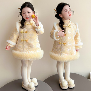 2026情荐潮流女童黄色网纱旗袍裙秋冬款2025新款儿童韩版时尚拜年