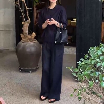 日本george melis夏季新款简约圆领七分袖衬衫宽松阔腿长裤女