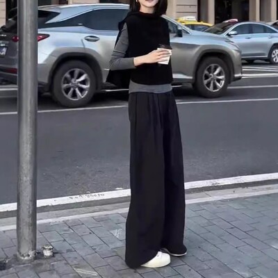 日本george melis秋季新款慵懒风黑色无袖马甲高腰休闲长裤女