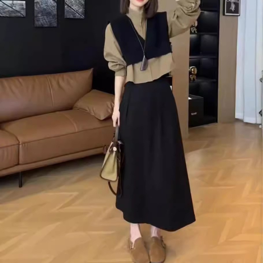 日本george melis秋季新款时尚衬衫马甲高腰半身裙洋气显瘦女