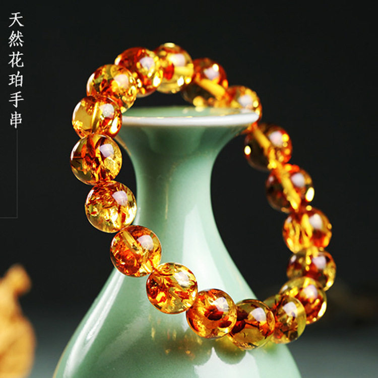 金花珀108颗佛珠手链蜜蜡手串男女款毛衣链礼品琥珀
