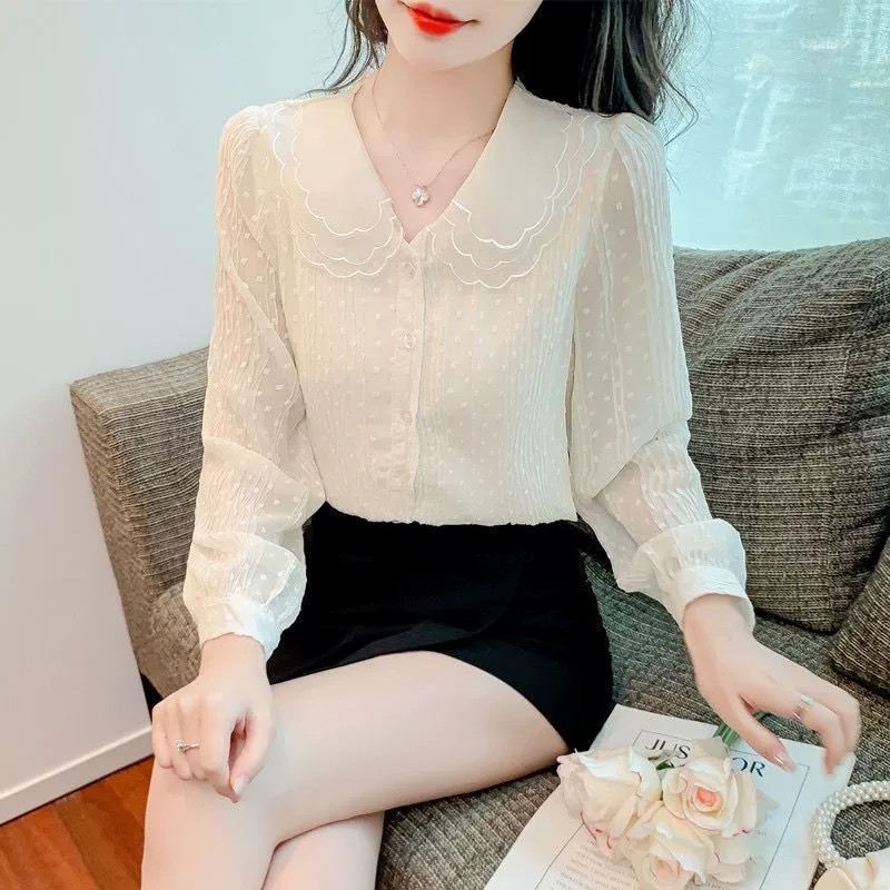 春季长袖娃娃领雪纺衬衫女2023春装新款女装修身显瘦长袖衬衣上衣