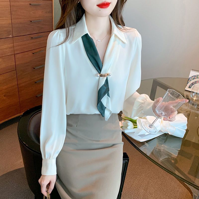 1cothen女2024秋季新款韩版时尚职业百搭上衣小众v领长袖衬衫
