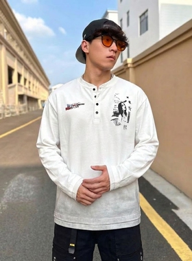 【RST】复古人像印花做旧亨利领长袖T恤美式cleanfit上衣男女新款