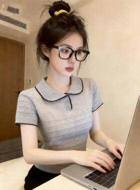 2026春夏季新款法式polo领镂空针织衫女短袖翻领学院风灰色上衣女