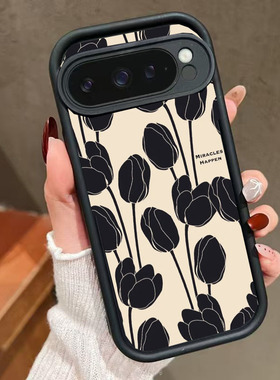 黑色郁金香适用谷歌Google Pixel 9 Pro XL手机壳8A保护套7天眼阶纯色 跨境