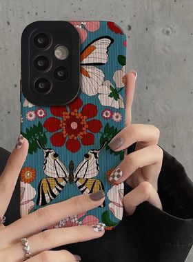 复古蝴蝶s22plus花朵A54适用三星Galaxy A53手机壳A52S 竖纹 A73全包A72软A55 5G女s23ultra