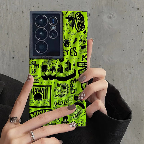 潮牌涂鸦s22plus防摔s23ultra适用三星Galaxy A53手机壳A52S牙签纹 A73全包A72软A33s24u荧光绿
