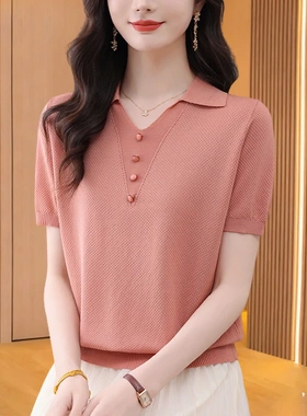 百高格服饰翻领短袖POLO衫女夏季宽松宽松遮肚洋气减龄针织上衣