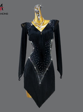 2026新款专业黑拉丁舞比赛表演出服装高级流苏连衣裙花服solo长袖