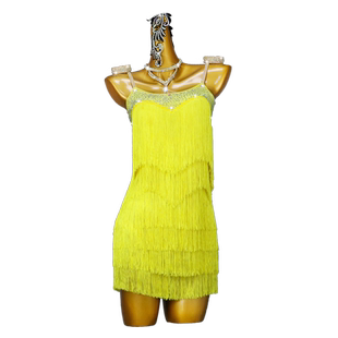 新款2026拉丁舞黄色流苏连衣裙成年女童演出比赛花服专业恰恰加钻