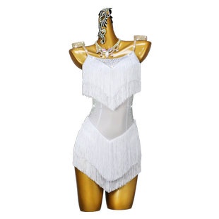 2026新款拉丁舞比赛花服少儿童舞蹈表演出红白流苏连衣裙专业艺考