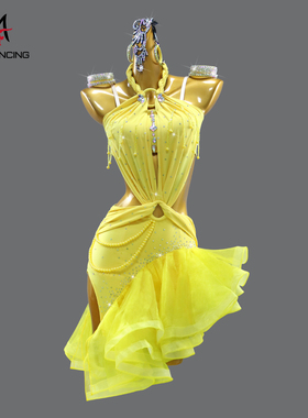 2025新款黄色拉丁舞服专业演出比赛花服高级感艺考性感鱼骨黑池裙