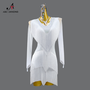 专业白色拉丁舞裙2026新款高级舞蹈流苏连衣裙比赛表演出规定花服