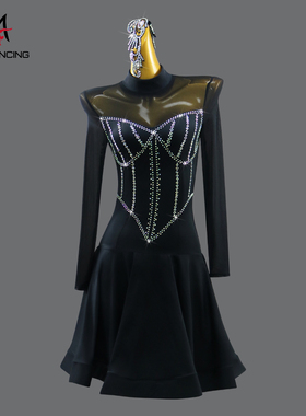 2025专业黑色拉丁舞比赛裙女成人14岁长袖连衣裙花服黑池表演服装
