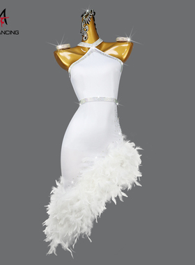 2026新款拉丁舞比赛服装表演出舞裙高档专业白羽毛恰恰中式连衣裙