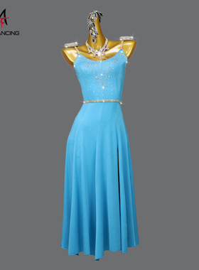 2025新款湖蓝色拉丁舞比赛表演出服装专业舞蹈台花服艺考长裙伦巴