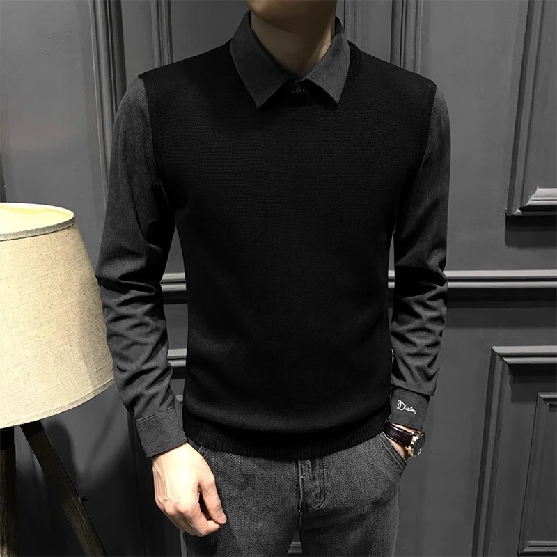 高端保暖衬衫领假两件毛衣男