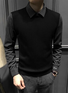 秋冬高端保暖衬衫领假两件毛衣男修身商务休闲风刺绣针织衫男装潮