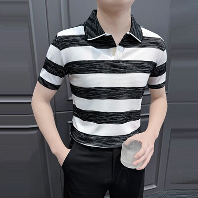 黑白条纹冰丝薄款男士Polo衫