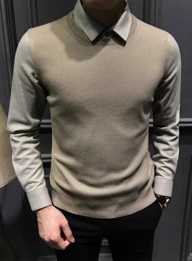假两件毛衣男冬季加厚保暖呢料修身轻商务休闲男士衬衫领针织上衣