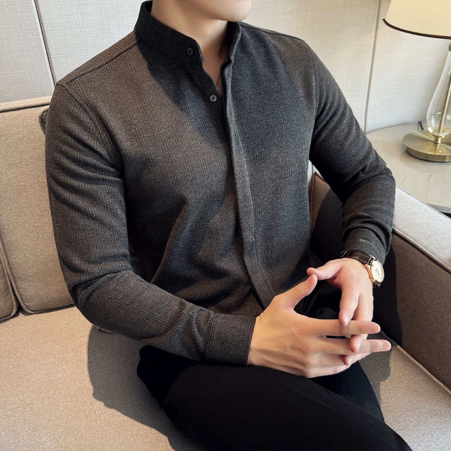 冬季加厚保暖毛呢条纹商务衬衫男