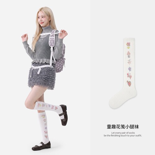 新款小腿袜数码印花白点缀糖果色