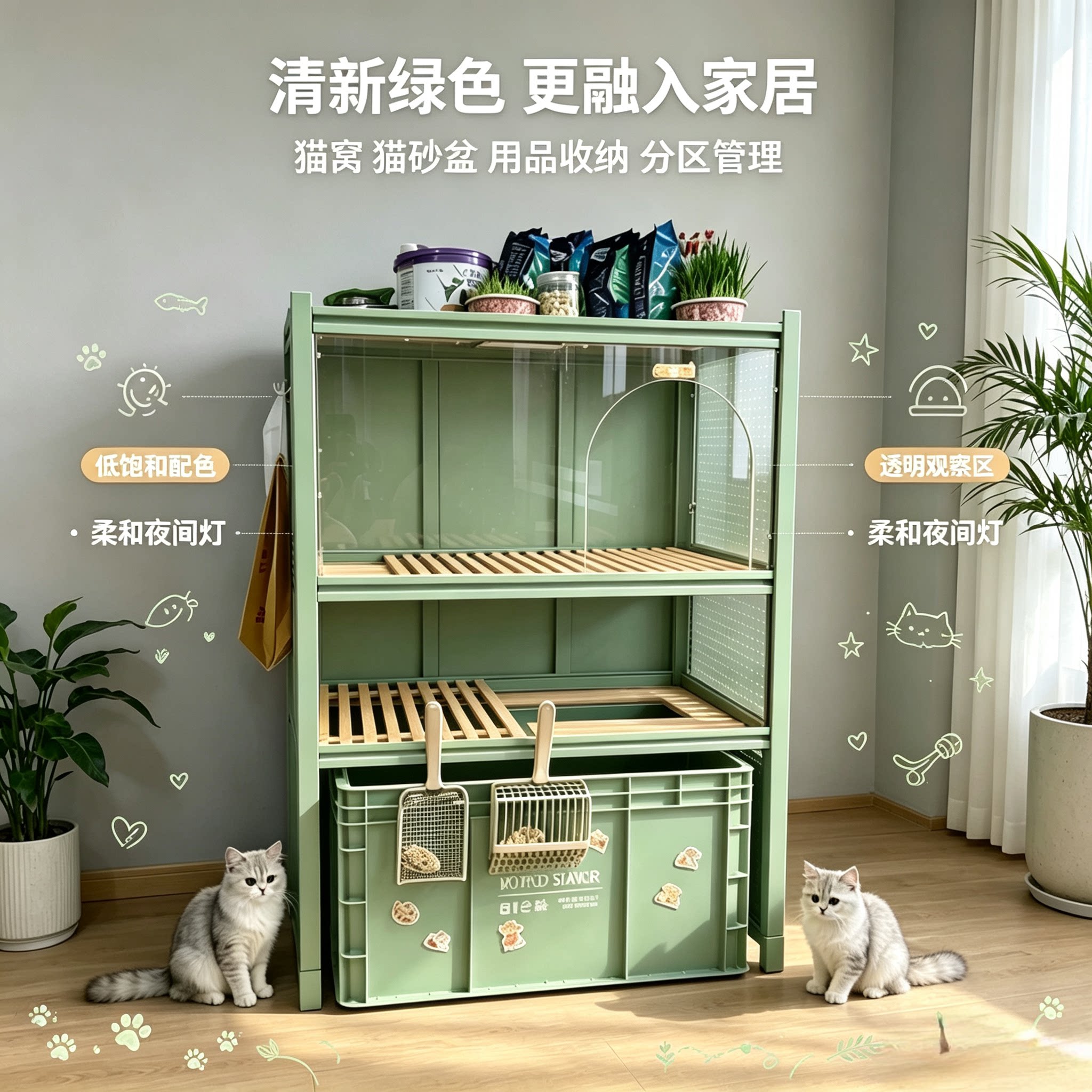 月屿光三层冷轧钢密封猫砂柜图片