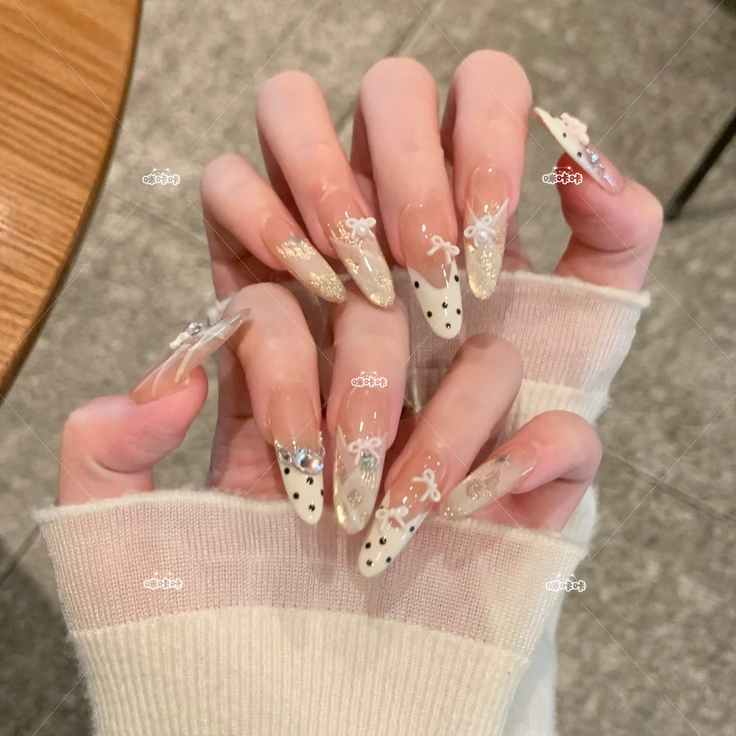 【慕斯奶酪】波点蝴蝶结闪钻甜美法式猫眼美甲气质显白手工穿戴甲