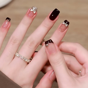 春夏显白焦糖红棕法式钻石蝴蝶结美甲成品手工定制穿戴甲防水拆卸