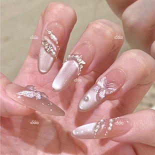 温润如玉冰晶蝴蝶钻气质显白仙女猫眼美甲成品手工定制穿戴甲拆卸