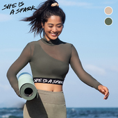 她是火花SIAS 带胸垫斜肩透气瑜伽上衣秋冬女 安全感网纱运动长袖