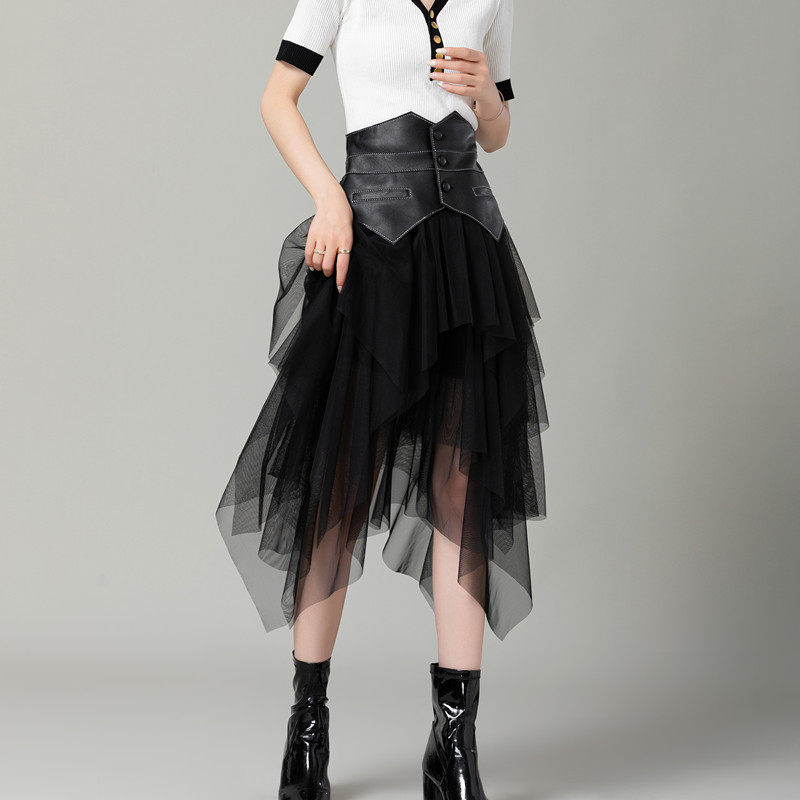 2025新款秋冬海宁真皮小皮裙纱裙女中长款高腰a字网纱半身裙仙女