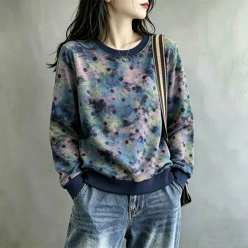 文艺复古晕染波点卫衣女宽松圆领长袖休闲上衣春秋百搭外穿套头衫