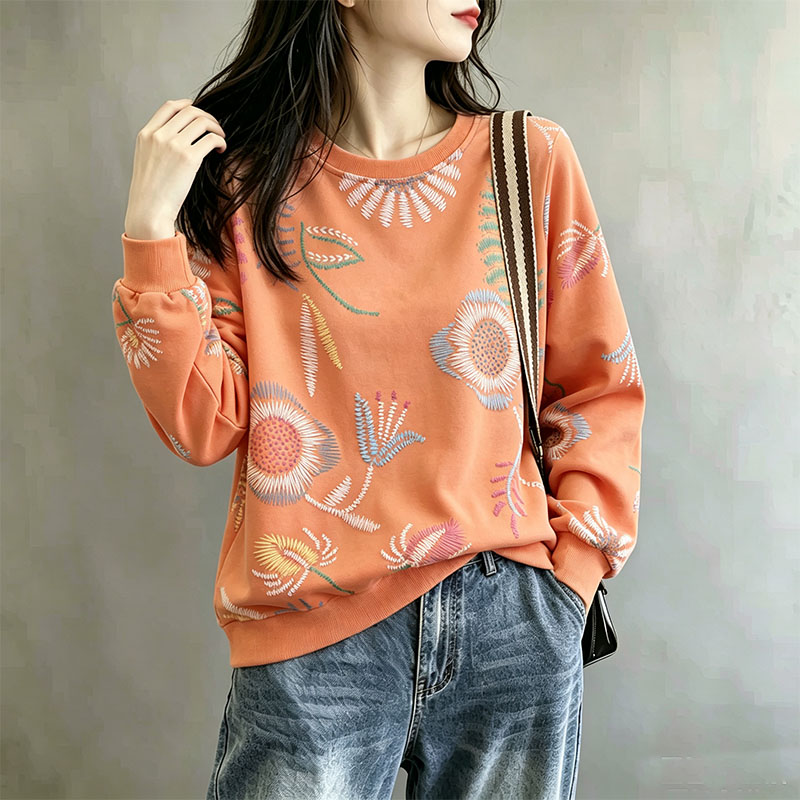 慵懒风宽松休闲橘橙色外穿圆领卫衣女春装秋季洋气宽松显瘦套头衫